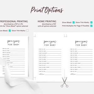 May include: Printable prayer list for a baby with the text "Prayers for Baby" at the top of each page. The printable includes options for professional or home printing with bleed and trim marks.