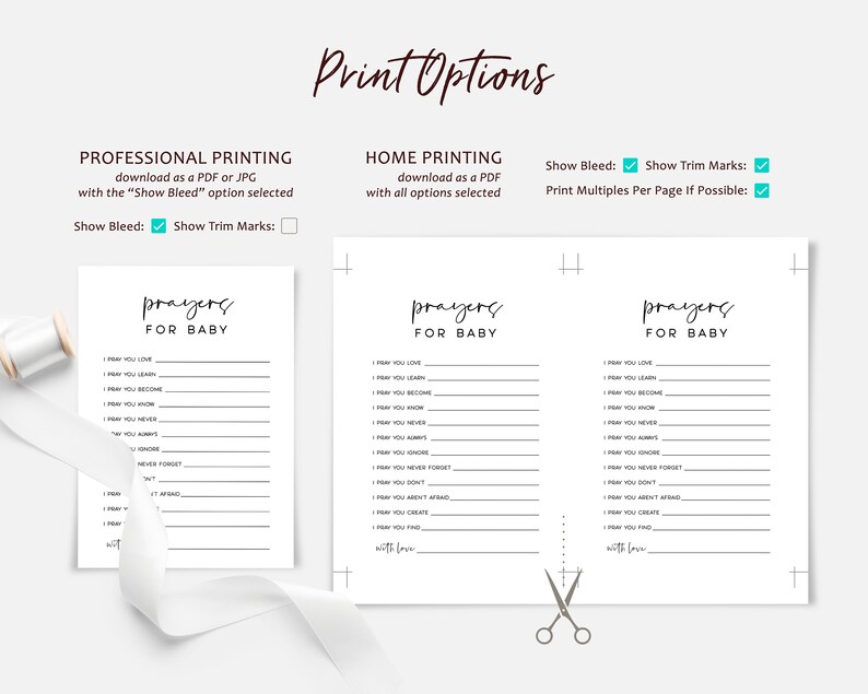 May include: Printable prayer list for a baby with the text "Prayers for Baby" at the top of each page. The printable includes options for professional or home printing with bleed and trim marks.