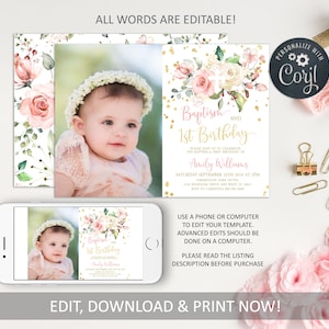 EDITIERBARE Blush Pink Floral Taufe und Babys erste Geburtstagsparty Einladung, druckbare Foto 1. Geburtstag einladen, Boho Gold Girl Vorlage