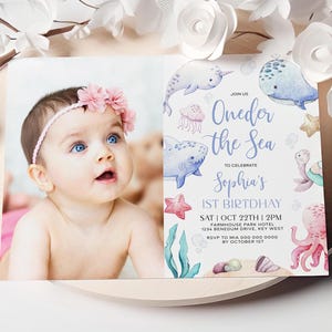 Unter dem Meer Erste Geburtstagseinladung | Bearbeitbare Maritime Foto Geburtstagsvorlage | Druckbare Ocean Theme 1st Birthday Party einladen