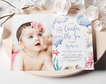 Under the Sea First Birthday Invitation | Editable Nautical Photo Birthday Template | Printable Ocean Theme 1st Birthday Party Invite