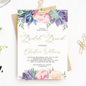 Sukkulente Blumen Brautparty-Einladung | Bearbeitbare Vorlage für Boho Brunch zum Ausdrucken | Karte mit rosa und violetter Rose und blauen Blumen