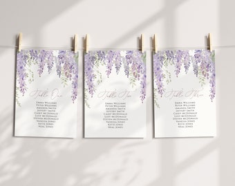 Plantilla para plano de asientos de boda con glicina morada / Tarjetas digitales para encontrar asientos con diseño floral