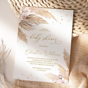 Invitation de fête de naissance d'herbe de la pampa | Modèle MODIFIABLE | Invitation bébé fille bohème imprimable | Brunch bohème à fleurs rose poudré et doré