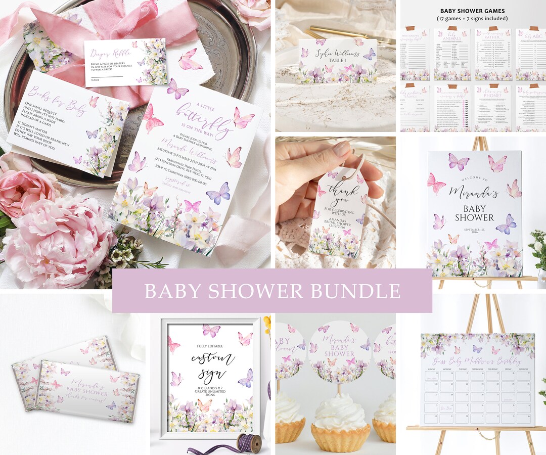 Butterfly Baby Shower Invitation Bundle: Purple Wildflower Theme ...