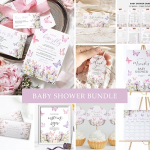 Ein Kleiner Schmetterling ist unterwegs zur Babyparty Einladung Bundle | EDITIERBARE Lila Wildblumen Vorlage | Druckbare Duschspiele und Dekor