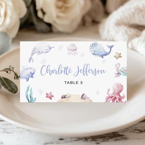 Plantilla de tarjeta de lugar bajo el mar / Tarjeta de nombre imprimible y editable / Etiqueta de nombre con temática náutica / Mesa para baby shower y fiesta en la playa