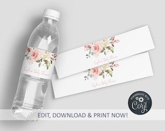 Könnte beinhalten: Druckbare Wasserflaschenetiketten mit einem rosa-weißen Blumendesign. Die Etiketten zeigen den Text "Sophia's Baby Shower".