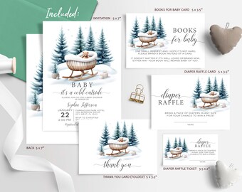 Vinter babyshower-inbjudningsset: Nallebjörn, snöig skog (digital nedladdning)