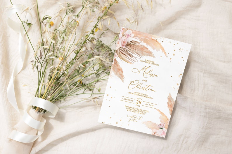 Pampas Grass Wedding Invitation, EDITABLE Template, Printable Gold Confetti & Pink Rose Wedding Invite, Bohemian Wedding Instant Download zdjęcie 4