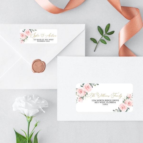 Blush Pink Flowers Address Label, EDITABLE Template, 4x2 and 2.625"x1" Label Size, Small DIY Printable Sticker, Pink Rose & Gold Labels