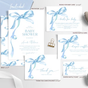 Blaue Schleife Babyparty Einladung Set, EDITIERBARE druckbare Aquarell Blue Ribbon Baby Sprinkle Vorlage, minimalistische elegante Jungen Babyparty