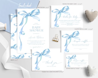 Blue Bow Baby Shower Invitation Set: Watercolor Ribbon (EDITABLE Printable)