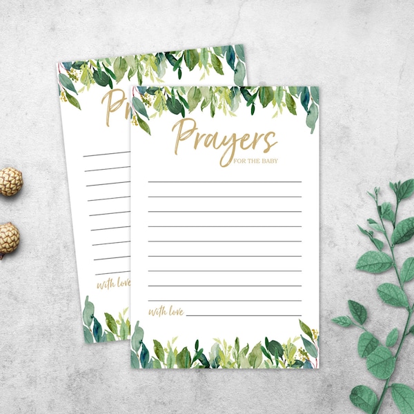 Prayers for Baby Note Cards, Greenery Prayer for the Baby, Baby Shower Advice Cards, Green Leave and Gold Prayer Cards, Instant Download