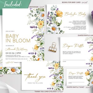 Wildblumen Baby-Brunch-Einladungs-Set | EDITIERBARE Vorlage | Druckbares Gänseblümchen & Lavendel Event Paket | Boho Blumen-Baby-Streuseln einladen
