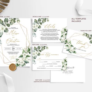 Set di inviti per matrimonio in eucalipto verde salvia / Modello MODIFICABILE / Invito per matrimonio con cornice verde e oro stampabile con RSVP, dettagli, grazie