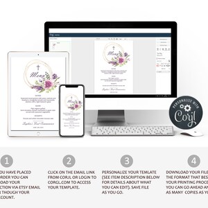 May include: A digital mockup showing how to personalize a printable menu template for a first communion. The menu template features a watercolor floral design with a cross and the words "Menu" in a gold circle. The template is shown on a computer screen, a tablet, and a smartphone. The steps for personalizing the template are listed below the image.