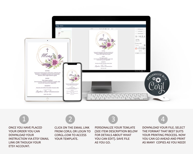 May include: A digital mockup showing how to personalize a printable menu template for a first communion. The menu template features a watercolor floral design with a cross and the words "Menu" in a gold circle. The template is shown on a computer screen, a tablet, and a smartphone. The steps for personalizing the template are listed below the image.