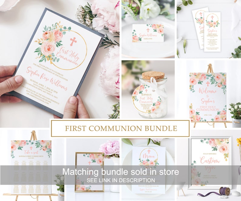 EDITABLE First Holy Communion Invitation Template, Blush Pink Floral Printable Baptism Invite, Girl Dedication Invititation,Instant download image 2