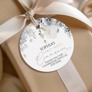 Blaue Hortensie Erstkommunion Dankeschön Anhänger | EDITIERBARE Runde Favor Aufkleber Vorlage | Druckbare Dusty Blue Floral Taufe Tags