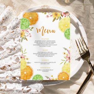 Menu aux agrumes mignons | Menu de mariage modifiable imprimable aquarelle fleurs tropicales | Brunch design orange, anniversaire, mariage, baby shower