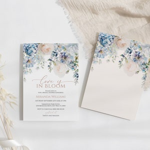May include: A blue and white floral bridal shower invitation with the text "Love is in Bloom" and the name "Miranda Williams".