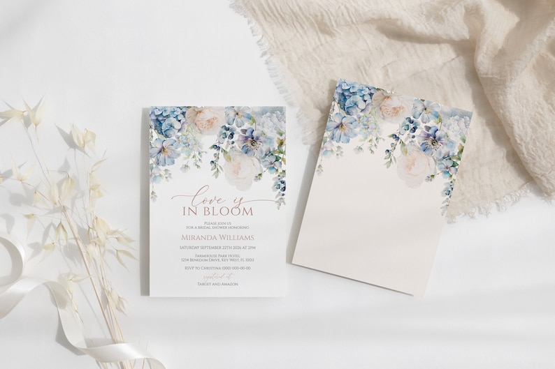 May include: A blue and white floral bridal shower invitation with the text "Love is in Bloom" and the name "Miranda Williams".