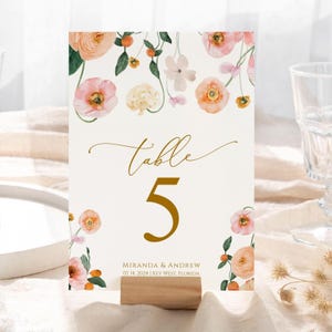 Peach & Blush Flowers tafelnummers | Bewerkbare sjabloon | Afdrukbare boho poppy bloemenbank | Gouden bruidsbrunch | Kalligrafie bruiloft