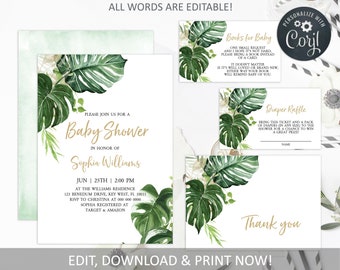 Editable Greenery Baby Shower Invitation Template, Tropical Printable Baby Shower Invitation Set, Green and Gold Invite, INSTANT DOWNLOAD