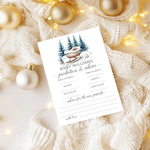 Juego de predicciones y consejos para baby shower navideño / Plantilla editable de pino y copo de nieve de invierno / Actividad imprimible neutra para baby shower