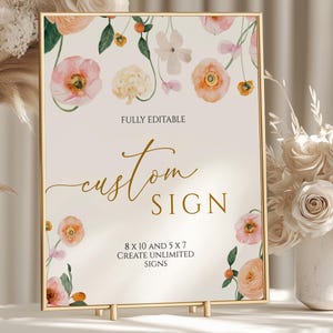 Placas de chuveiro de flores de pêssego e blush ilimitadas | Modelo EDITÁVEL | Placa personalizada com detalhes dourados | Boho imprimível 5x7 e 8x10 | Floral de papoula