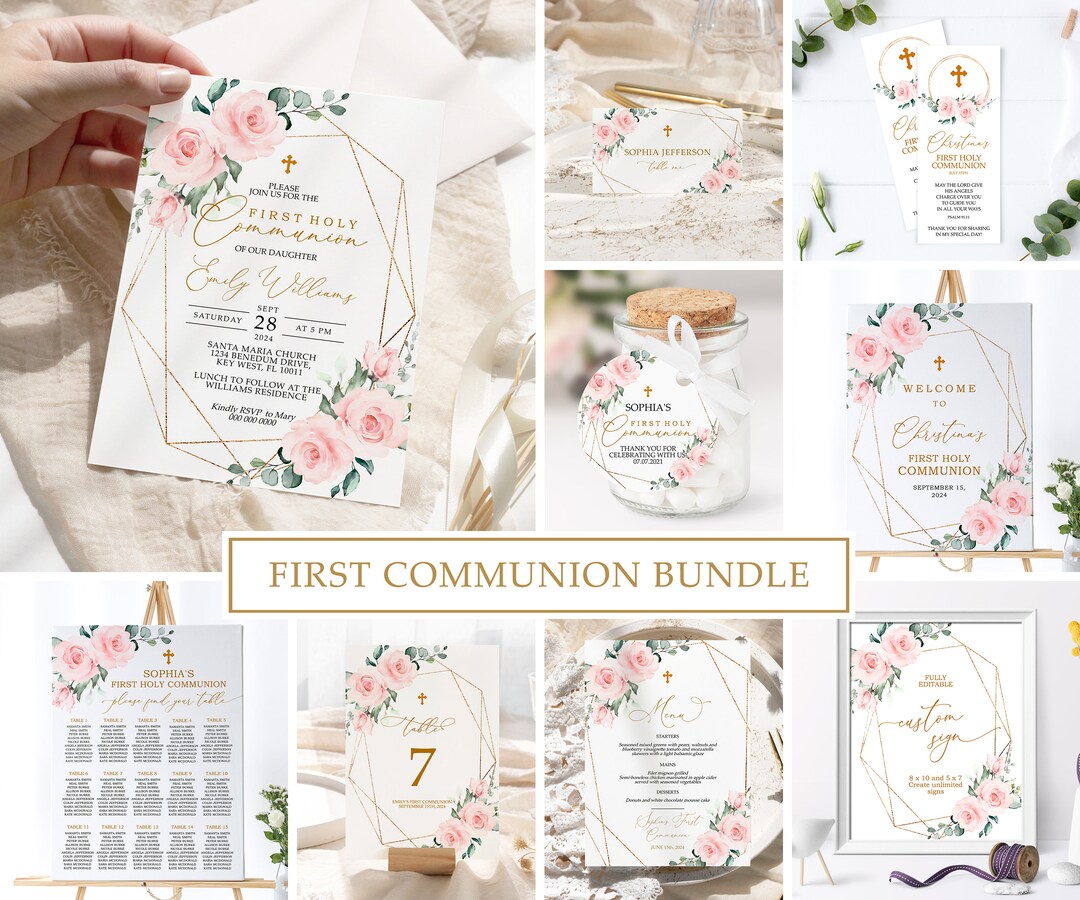 Blush Pink Floral First Communion Invitation Bundle (EDITABLE Template ...