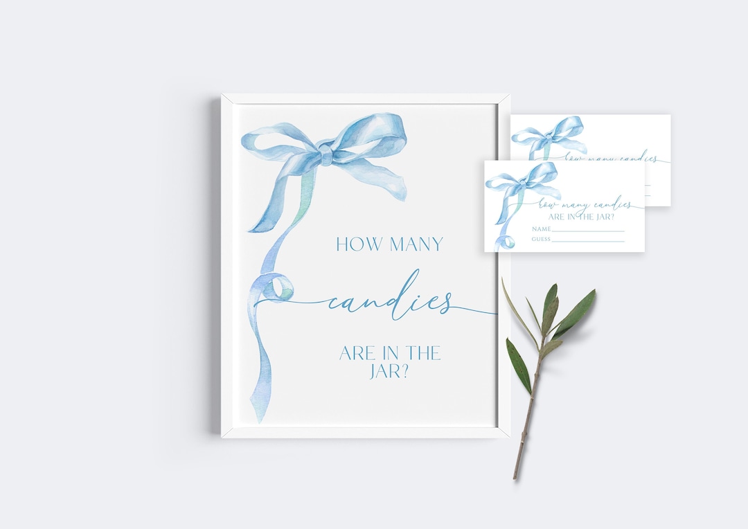 Blue Bow Baby Shower Game: Candy Guessing Sign & Cards (EDITABLE ...