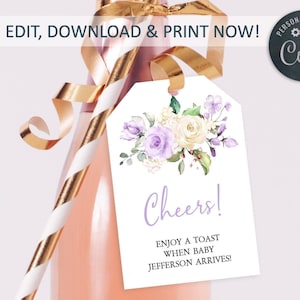 Modello di etichette per vino per baby shower alla lavanda / Etichetta per bottiglia di champagne floreale modificabile al 100% / Etichette per bottiglia Cheers stampabili da 2x3" / DOWNLOAD IMMEDIATO