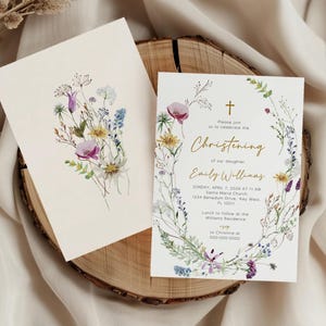 faire-part de baptême de fleurs sauvages | Modèle MODIFIABLE | Faire-part de baptême imprimable coquelicot rouge | carte florale jaune de baptême | TÉLÉCHARGER