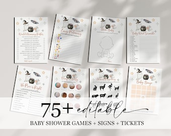 May include: A set of printable Halloween-themed baby shower games. The games include "Would Mommy Rather", "Emoji Pictionary", "Draw Baby", "Baby Word Scramble", "The Price is Right", "Bump or Billy", "Animal Pregnancy", and "Baby Bingo".