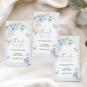 Blaue Blumen-Babyparty-Dankeschön-Tag | EDITIERBARE Vorlage | Boho Schmetterlinge und Blumenbevorzugung Anhänger | Druckbare 2x3.5" Geschenkanhänger | Braut