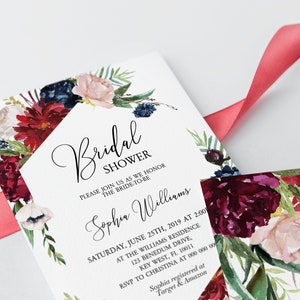 Invito per la doccia nuziale rosa bordeaux, modello modificabile, invito al brunch stampabile con fiori Marsala e blu scuro, verde floreale, DOWNLOAD immediato