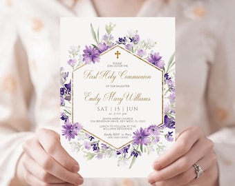 First Holy Communion Invitation | EDITABLE Purple Flowers Printable Communion Template | Lilac Flowers Gold Frame Girl First Communion