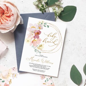 Convite para Brunch de Bebê com Flores Silvestres | Modelo EDITÁVEL | Convite para Menina com Guirlanda Floral para Imprimir | Brunch Floral Rosa e Vermelho | Flores Boho
