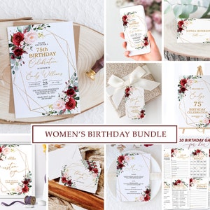 Pacchetto di inviti per il 75° compleanno con fiori rosa cipria e marsala / Invito di compleanno floreale per donne modificabile / Celebrazione stampabile per qualsiasi età
