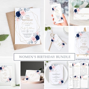 Pacote de convites florais para o 75º aniversário em tons de rosa blush e azul marinho | Modelo EDITÁVEL | Convite de aniversário para impressão com moldura dourada | Aniversário para qualquer idade