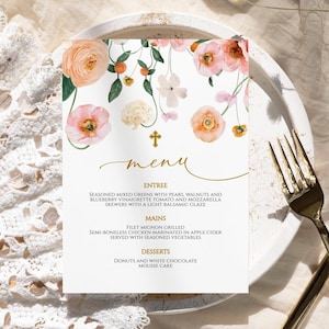 Menú de Bautismo con Flores en Color Melocotón y Rubor / Menú de Celebración Floral Boho Poppy EDITABLE e Imprimible / Confirmación, Dedicación, Primera Comunión
