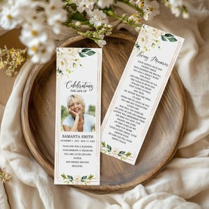 de marque-page funéraire fleurs blanches | Roses blanches modifiables et cadre doré | Souvenir imprimable du service commémoratif | Célébration de la vie
