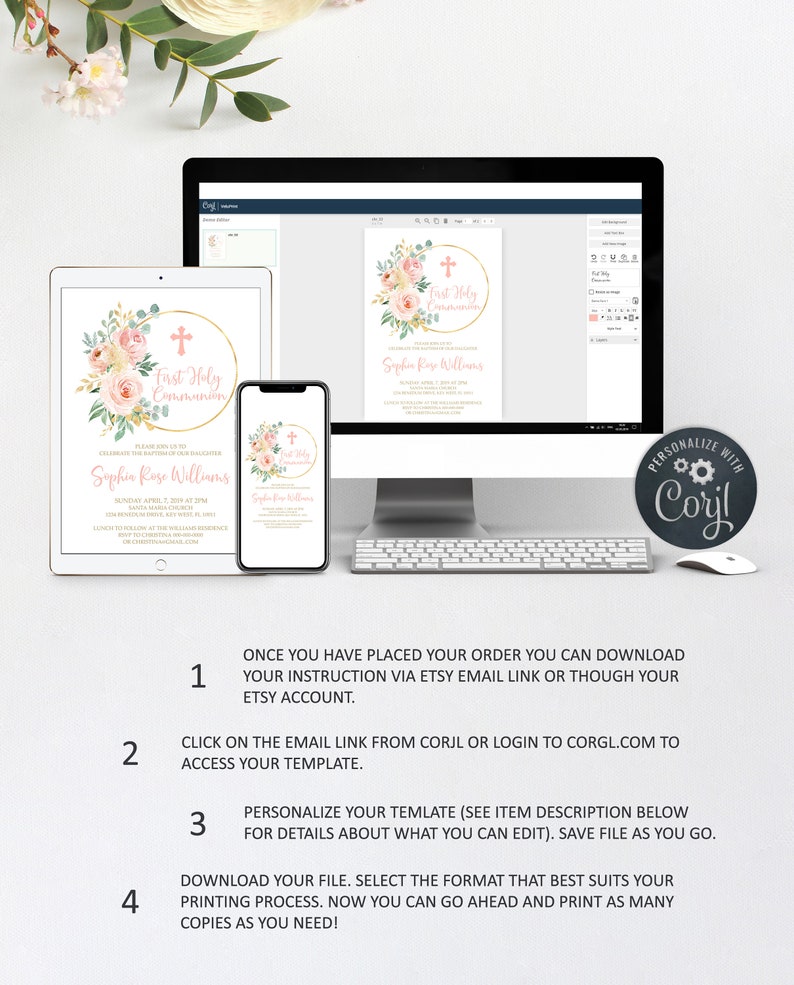 EDITABLE First Holy Communion Invitation Template, Blush Pink Floral Printable Baptism Invite, Girl Dedication Invititation,Instant download image 4
