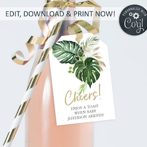Greenery Baby Shower Wine Tags Template, Tropical - 100% Editable Champagne Bottle Tag, 2x3&quot;, Cheers, Printable Bottle Tags,INSTANT DOWNLOAD