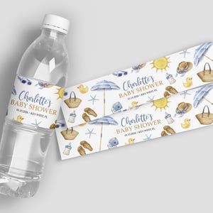 EDYTOWALNA etykieta na butelkę Splish Splash | Etykiety na wodę Summer Boy Design do wydrukowania na Baby Shower | Etykieta na butelkę z wodą Blue Beach Custom