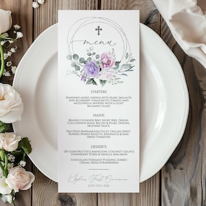 Menú de bautismo con flores rosas y moradas / Menú de celebración con detalles plateados, imprimible y editable / Confirmación, dedicación, primera comunión