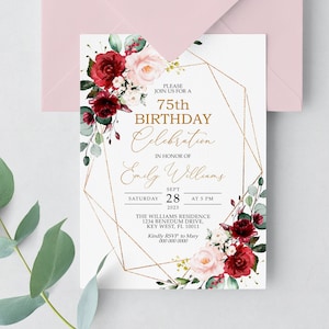 Marsala & Blush Pink Floral 75th Birthday Invitation, EDITABLE Template, Women Floral Printable Birthday Invite, Any Age Women Invite image 5