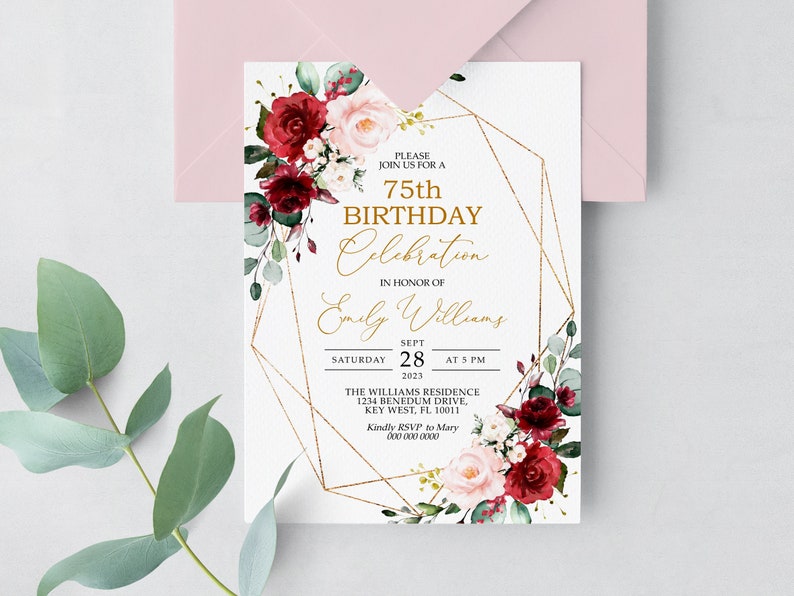 Marsala & Blush Pink Floral 75th Birthday Invitation, EDITABLE Template, Women Floral Printable Birthday Invite, Any Age Women Invite image 5